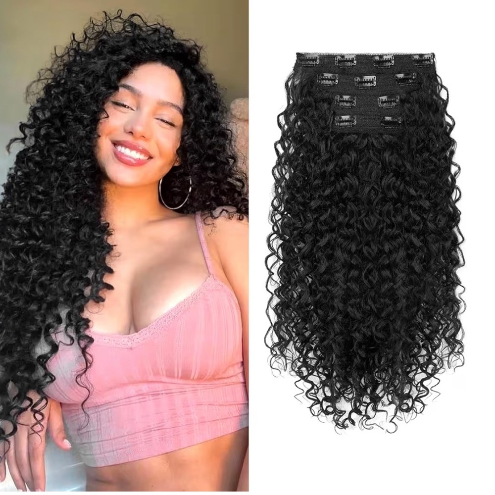 16Inch Curly Clip-In Hair Extensions in Black, 100% Human Hair new 8 Pcs.